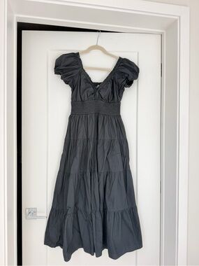 Smocked Waist Puff Sleeve Midi Dress in Black